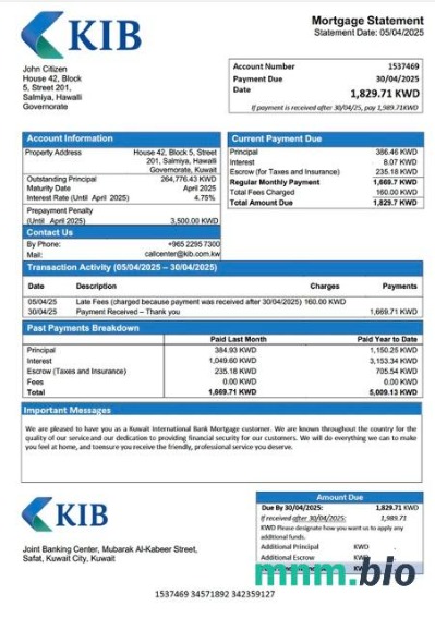 Kuwejt Bank Międzynarodowy wyciąg z kredytu hipotecznego szablon Word i PDF